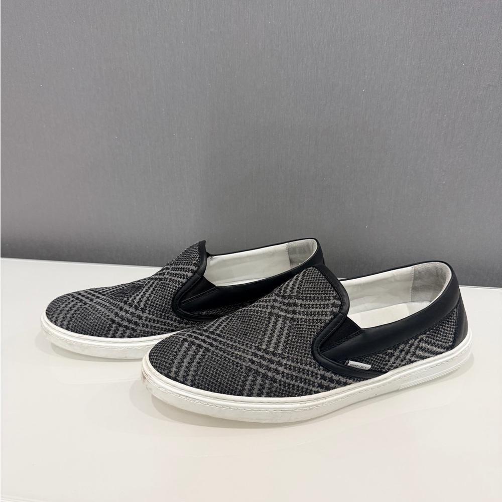 Jimmy Choo Black and Gray Checkered Slip-Ons